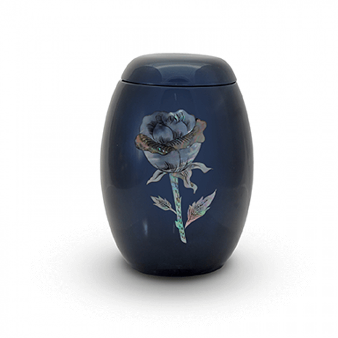 Glasfiber urn blauw met roos parelmoer GFU217