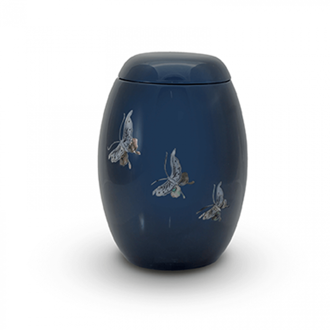 Glasfiber urn blauw met vlinders parelmoer GFU219