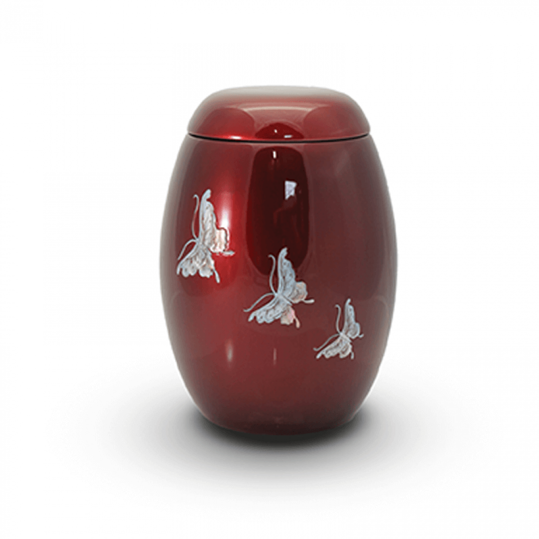 Glasfiber urn rood met vlinders parelmoer GFU203