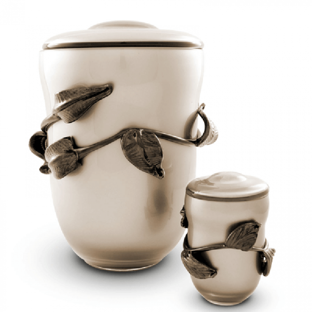 Glazen pot urn ivoor met bladertak decoratie GU058A