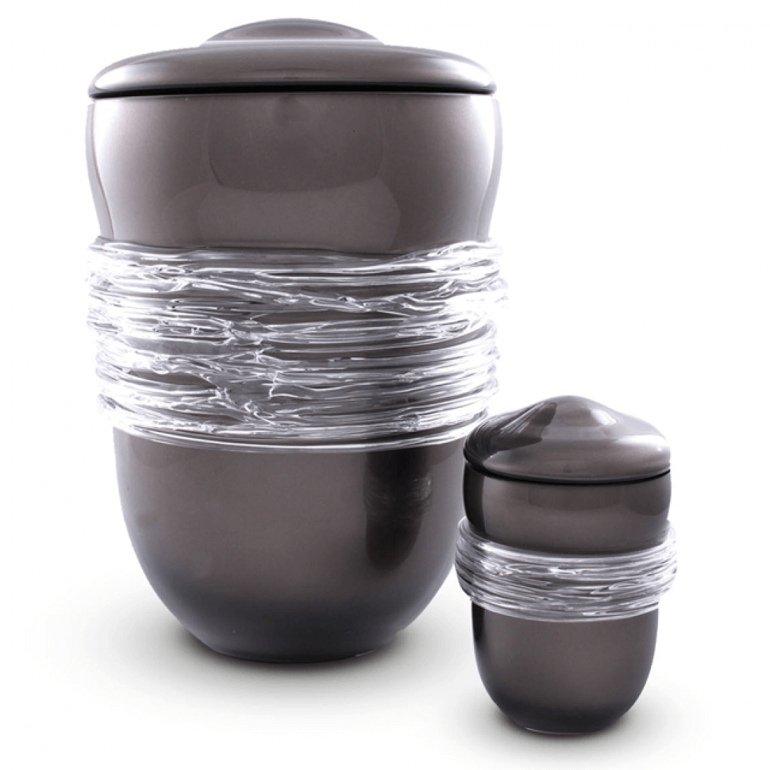 Glazen urn grijs met windsel decoratie GU059B
