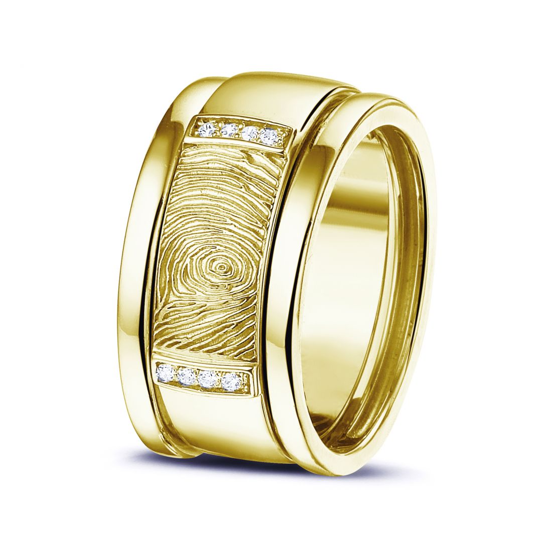 Gouden damesring met vingerafdruk en diamant en aanschuifringen, RY004+RY005
