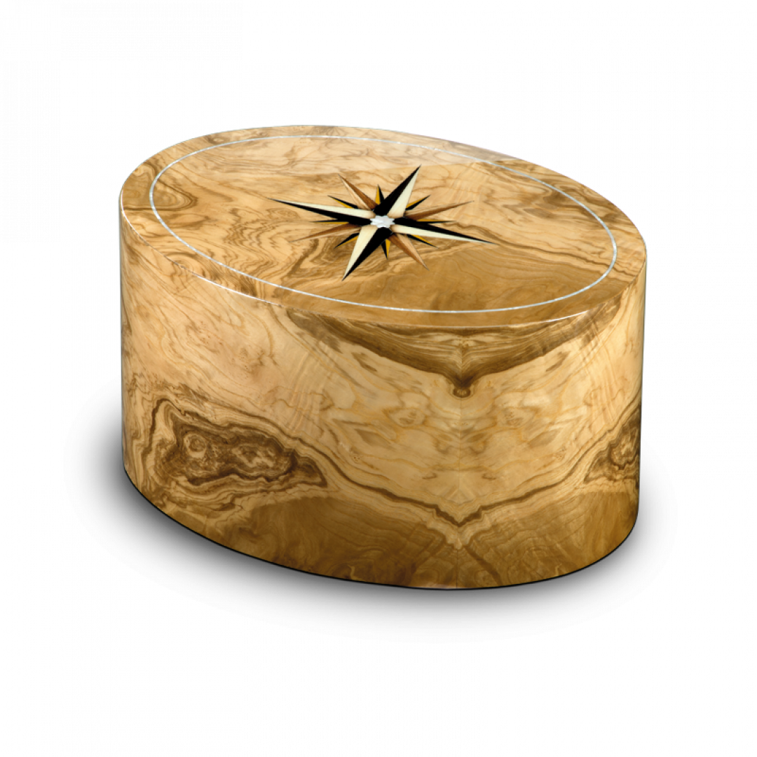 Houtenlook ovalen urn van olijfhout met windroos URRRV01P