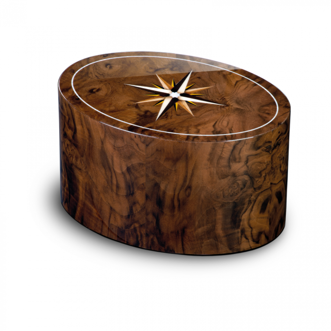 Houtenlook ovalen urn van walnotenhout met windroos URRRV02L