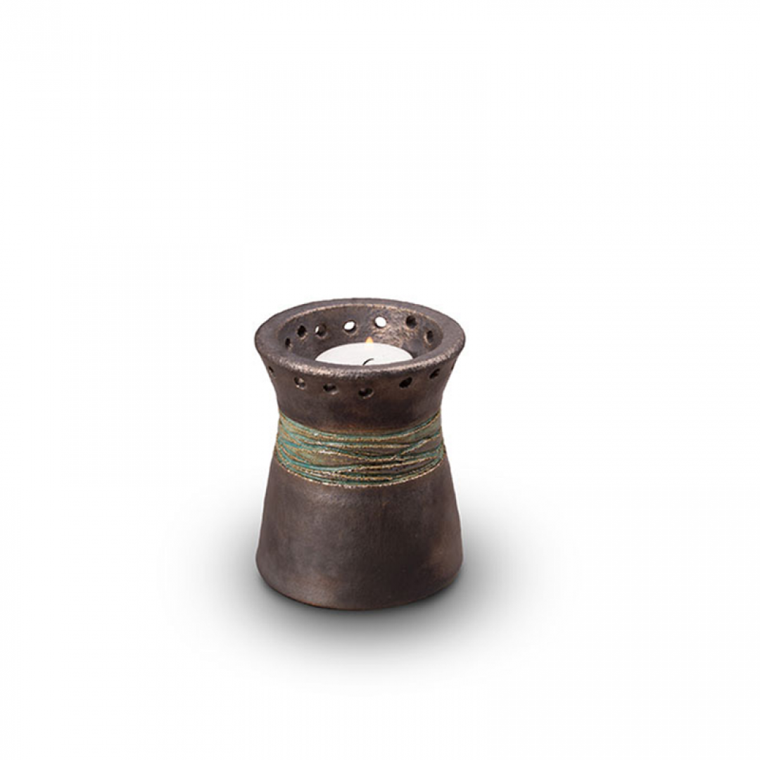 Keramiek mini urn metallic zilver met jade band met waxinelichthouder KU304K