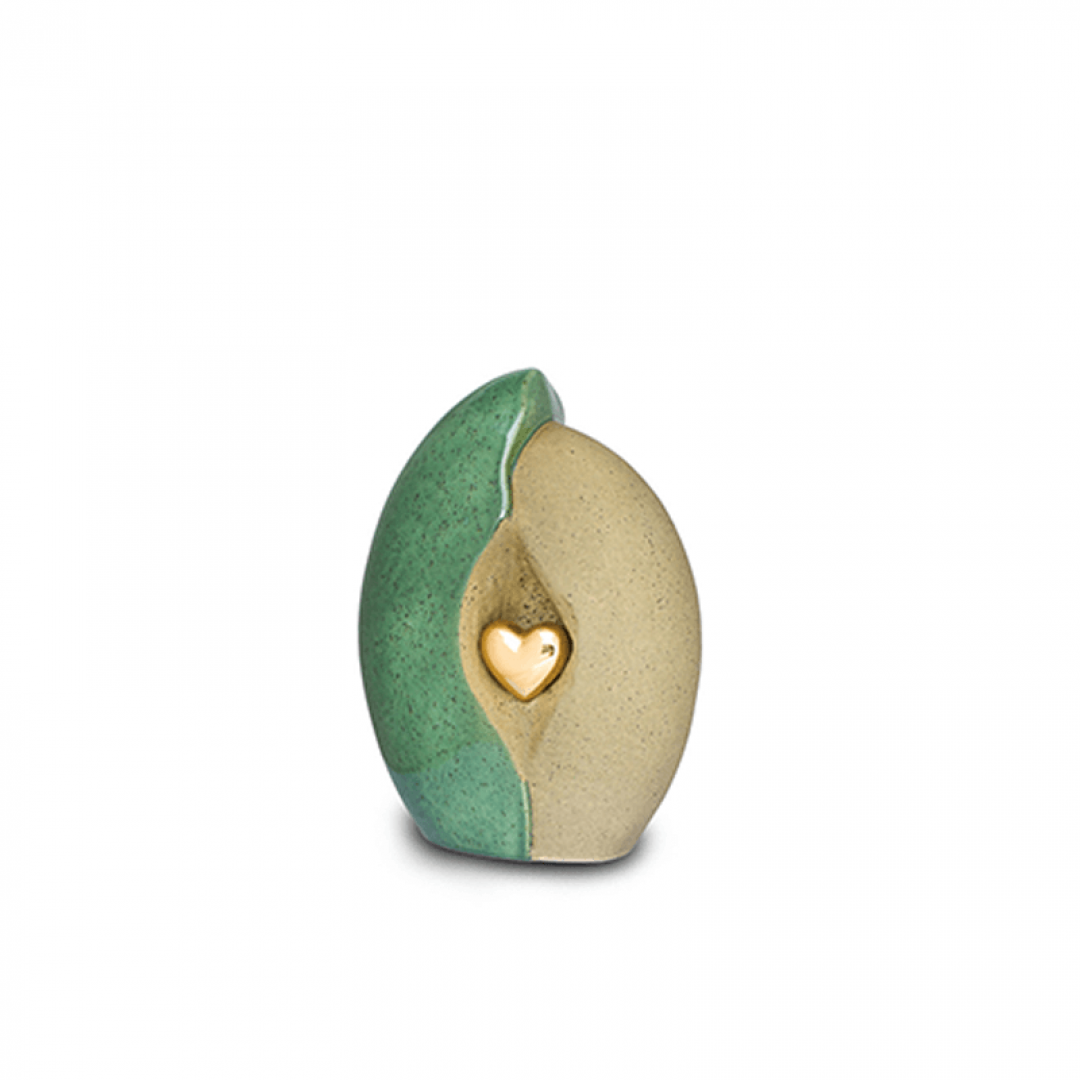 Keramiek mini urn groen/oker met hart in goud KU003S (small)