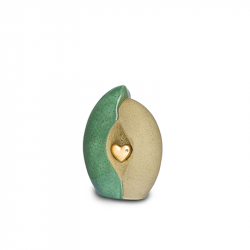 Keramiek mini urn groen/oker met hart in goud KU003S (small)}