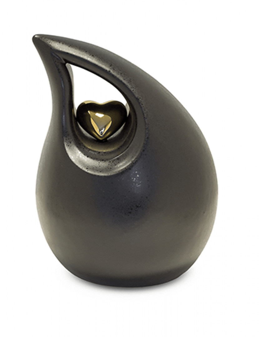 Keramiek traan medium urn zwart met hart in goud KU004M (medium)
