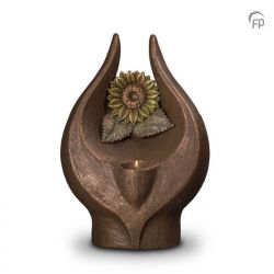 Keramische urn brons Stralende zonnebloem met waxinelicht UGK076BT}