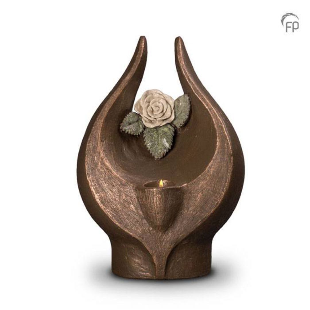 Keramische urn brons Geen witte roos zonder doorn met waxinelicht UGK078BT